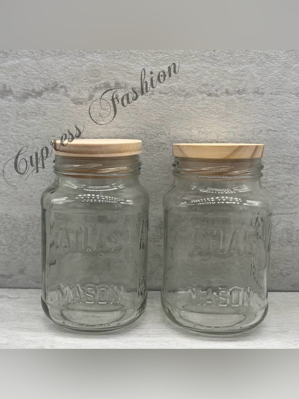 🎉 Two Atlas 14 oz Glass Mason Jars with Wooden Lids